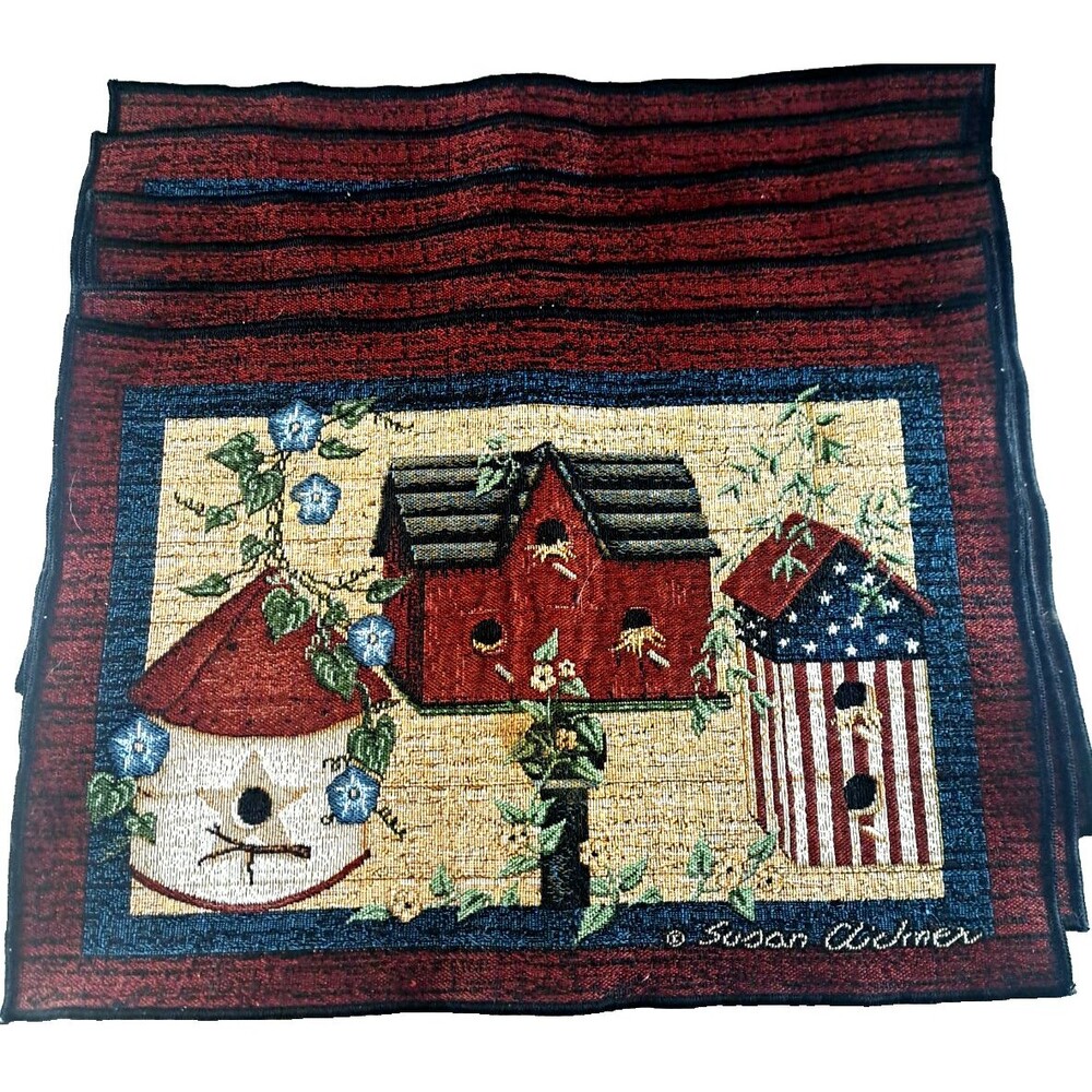 Vintage Tapestry Placemats Country Birdhouses 13x18 Burgundy Blue Set of 6